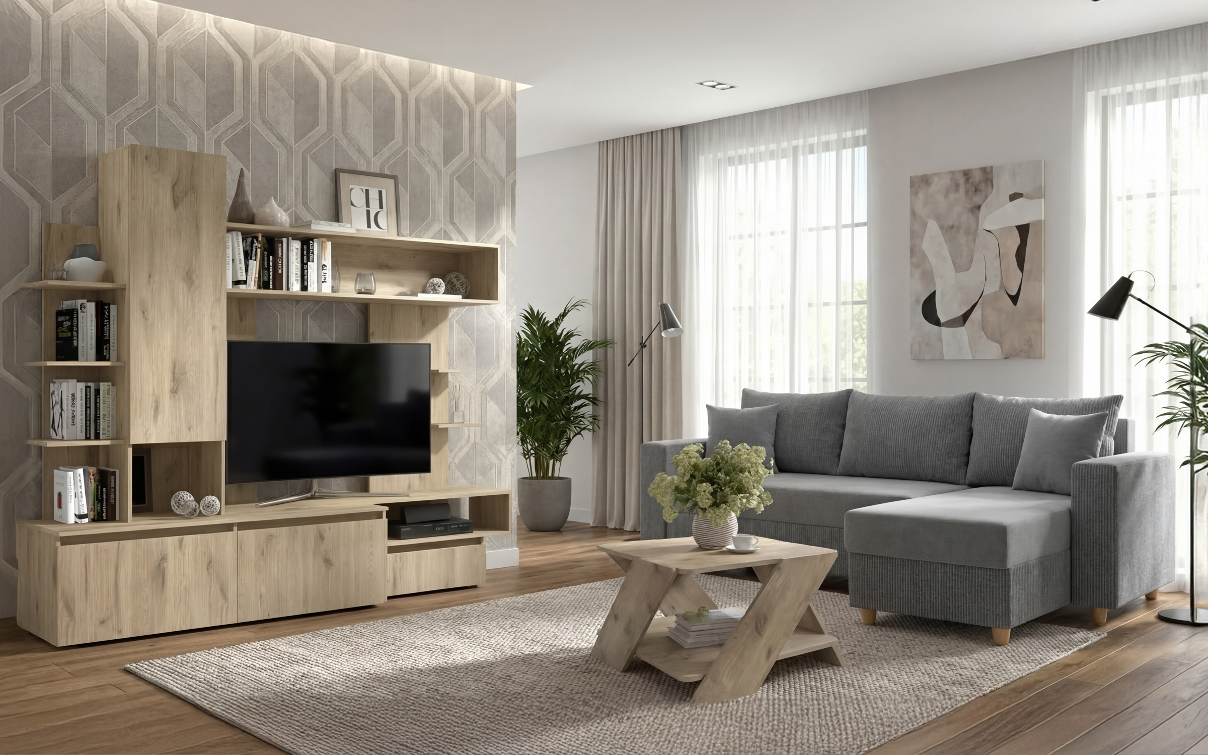 Set living Finix, gri deschis + stejar scandinav deschis  1